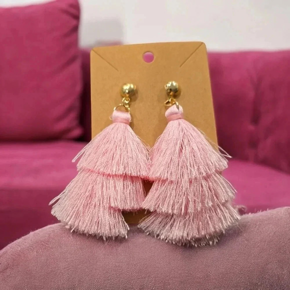 Gold Plated Pink Tassel Dangle Earrings - Picture 2 of 3